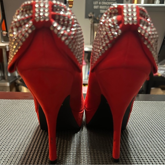 Red Faux Suede w/ Rhinestone Bow - Picture 4 of 4
